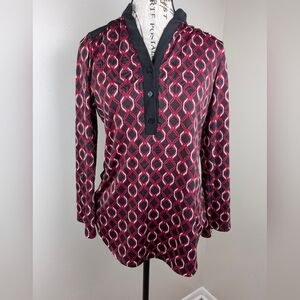 PerSeption Concept Red Black All Over Print Long Sleeve Blouse Size S Office